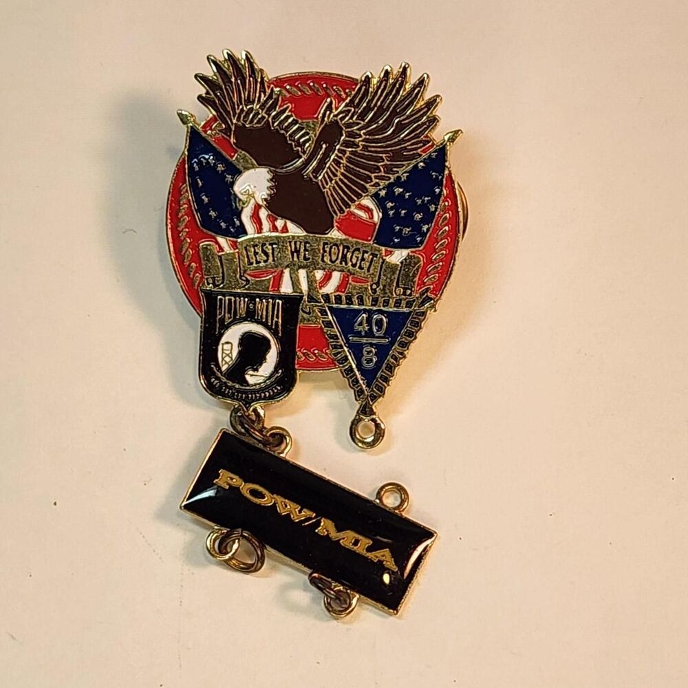 POW MIA pin with eagle, American flag, and 'LEST WE FORGET' Brooch Pin Read See